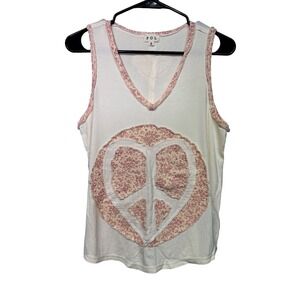 POL Womens Cream Ribbed Heart Peace Sign Tank Top Raw EdgeSmall